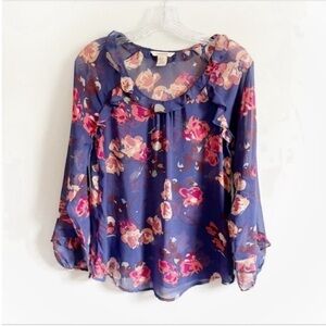 Sundance blouse blue floral ruffled sheer long sleeves